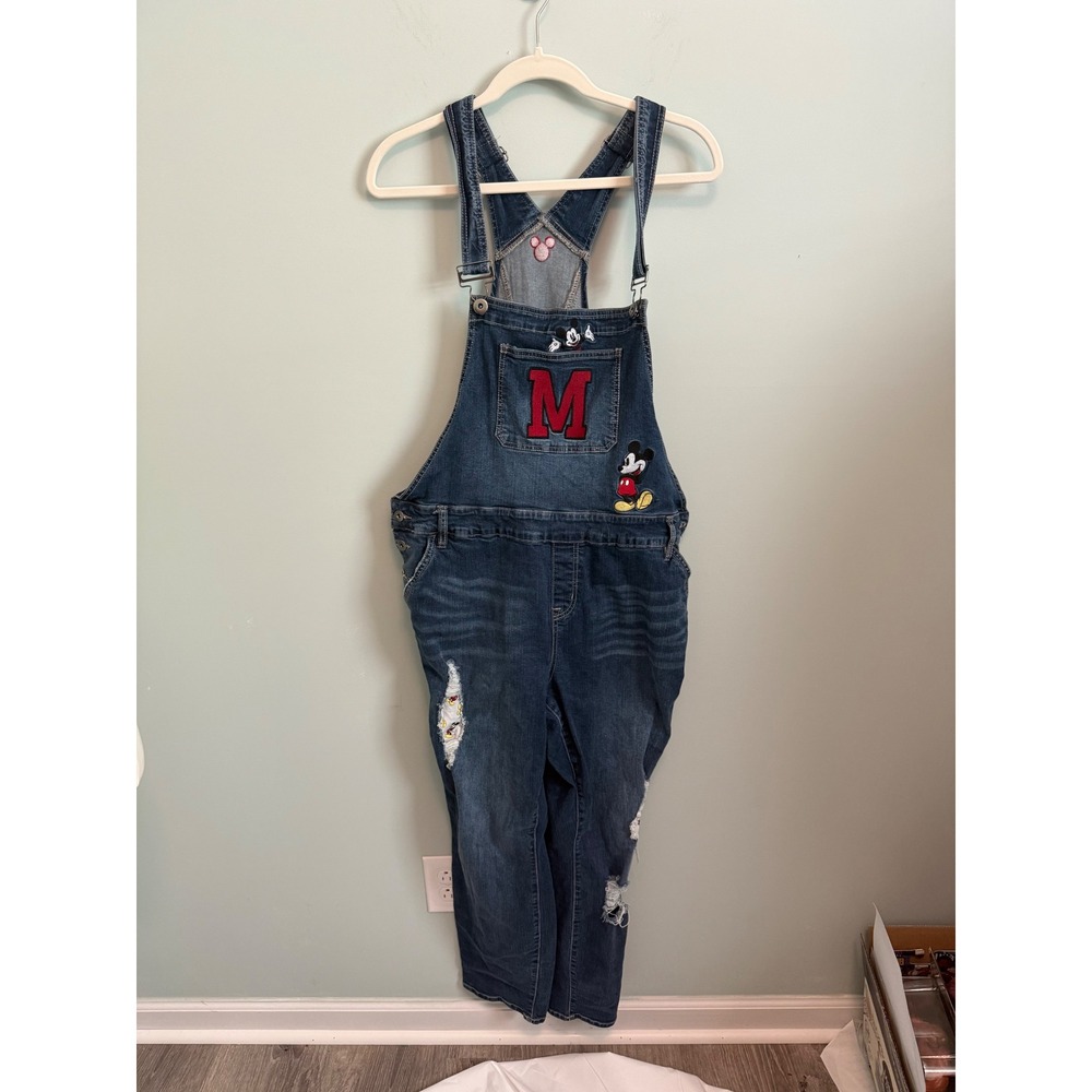 Disney Mickey Mouse Distressed Denim Overalls Plus Size 20 Medium Wash Bibs